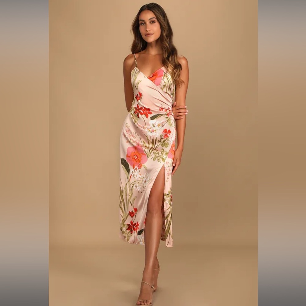 XS Pink Floral Satin Midi Dress LULUS